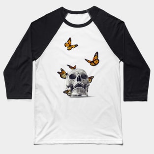 Skull with Monarch Butterflies Baseball T-Shirt